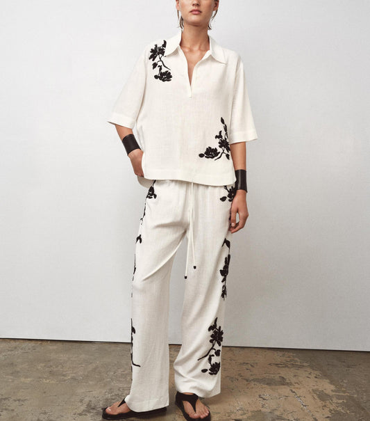 Summer Women Office Loose Sequ Embroidered Shirt High Waist Trousers Set