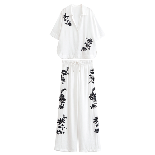 Summer Women Office Loose Sequ Embroidered Shirt High Waist Trousers Set
