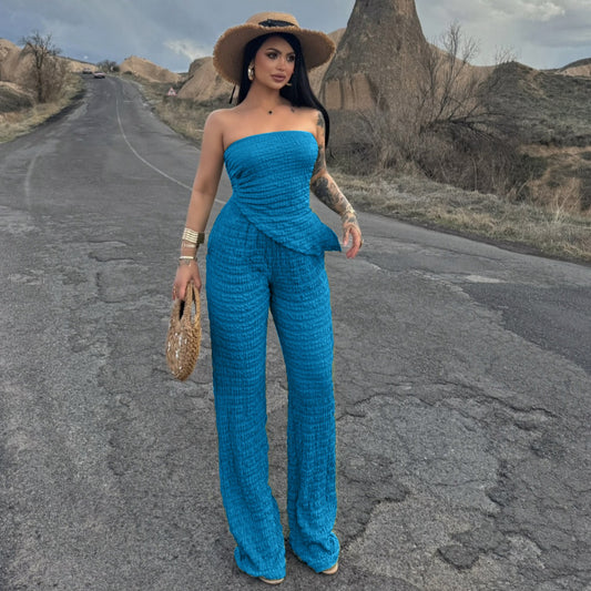 Summer Women Clothing Sexy off the Shoulder Tube Top Beveled Top Slim Trousers Two Piece Sets