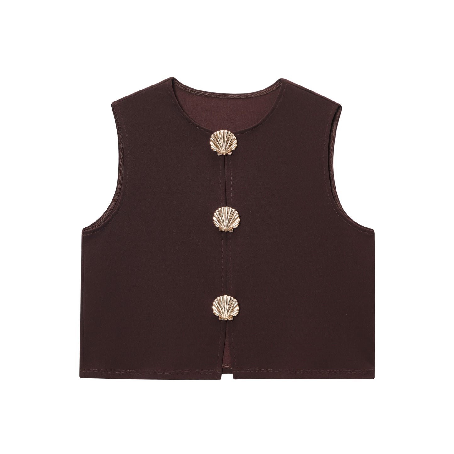 Women Clothing Summer Solid Color Simple round Neck Shell Fastener Decoration Vest Top