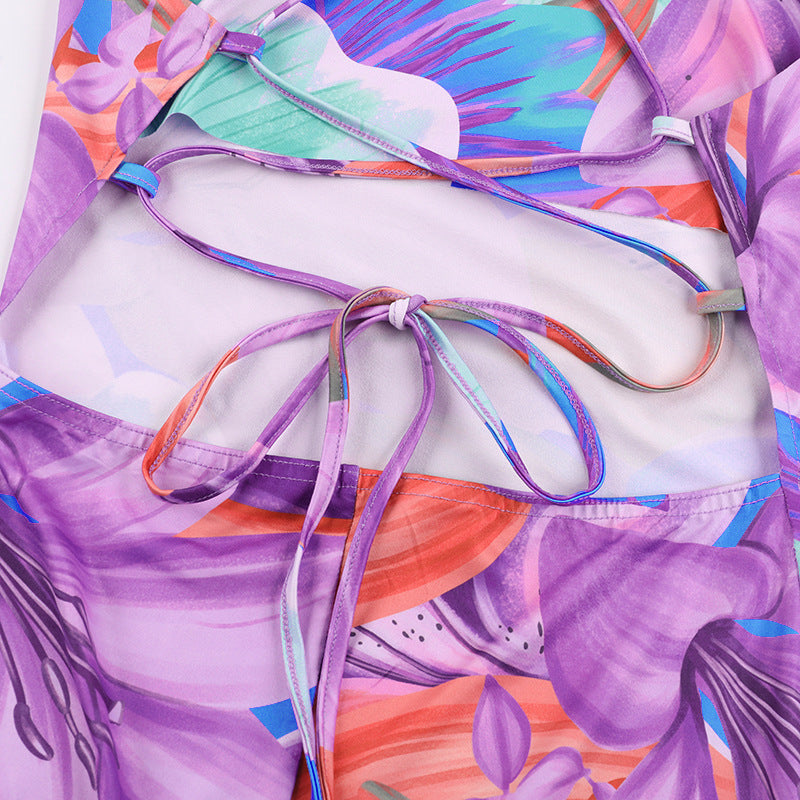 Color Split Dress Backless Printing Slip Dress