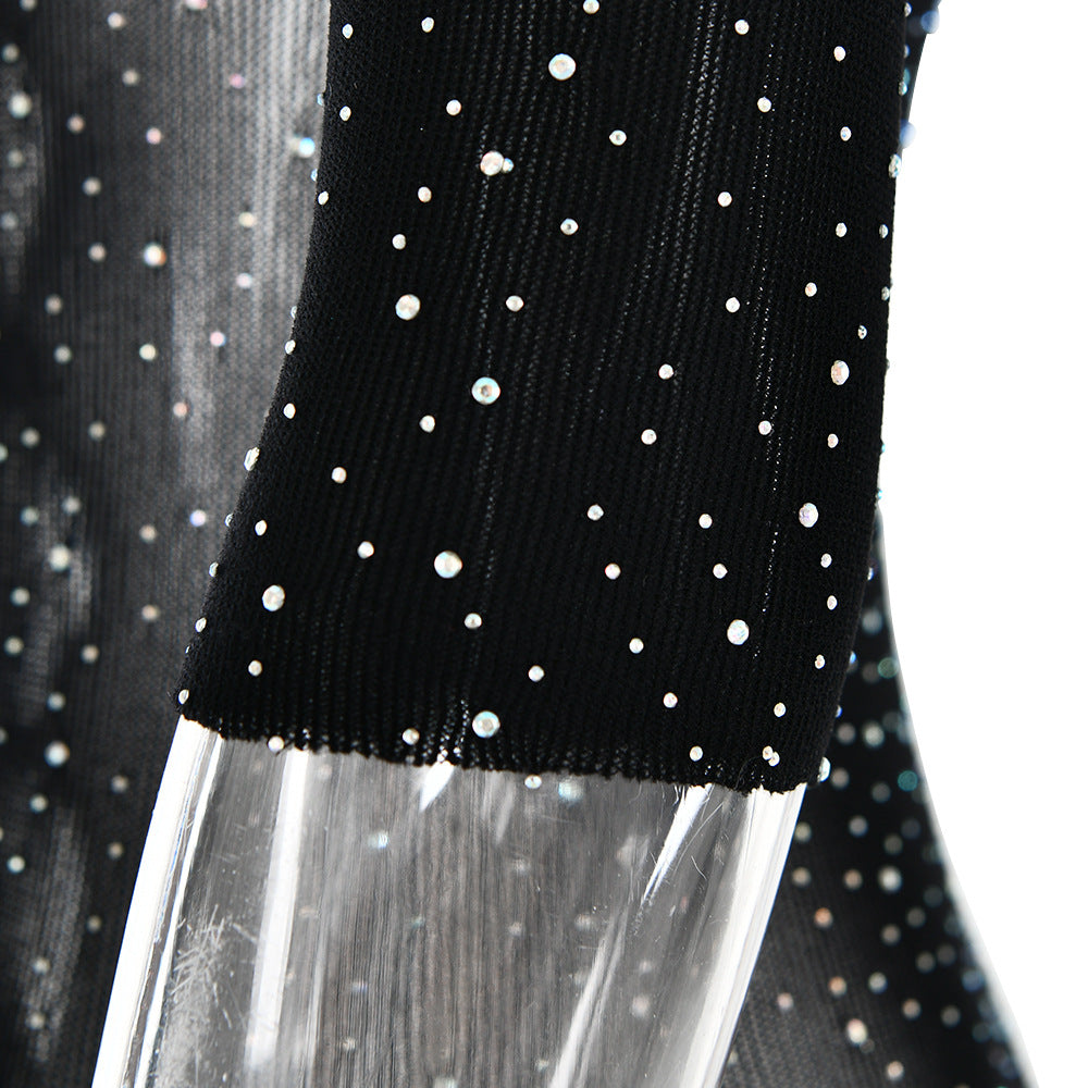 Autumn Sexy High Elastic Knitted See through Bow Hollow Out Cutout Rhinestone Jumpsuit