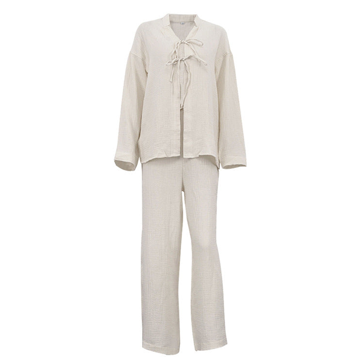 Women Clothing Cotton Champray Long Sleeve Lace up Cardigan Top Loose Trousers Casual Two Piece Set
