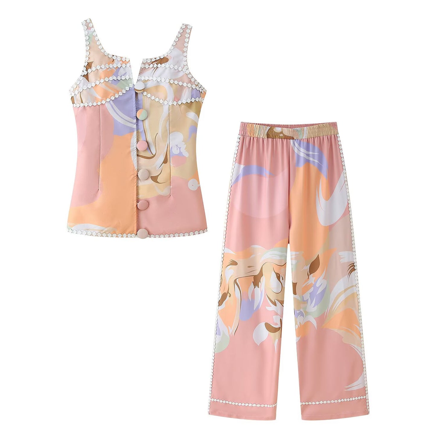 Women Clothing Autumn Lace Stitching Decorated Row Button Vest Top Printing Straight Leg Pants Set