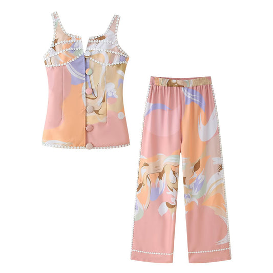 Women Clothing Autumn Lace Stitching Decorated Row Button Vest Top Printing Straight Leg Pants Set