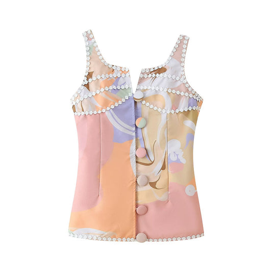 Women Clothing Autumn Lace Stitching Decorated Row Button Vest Top Printing Straight Leg Pants Set