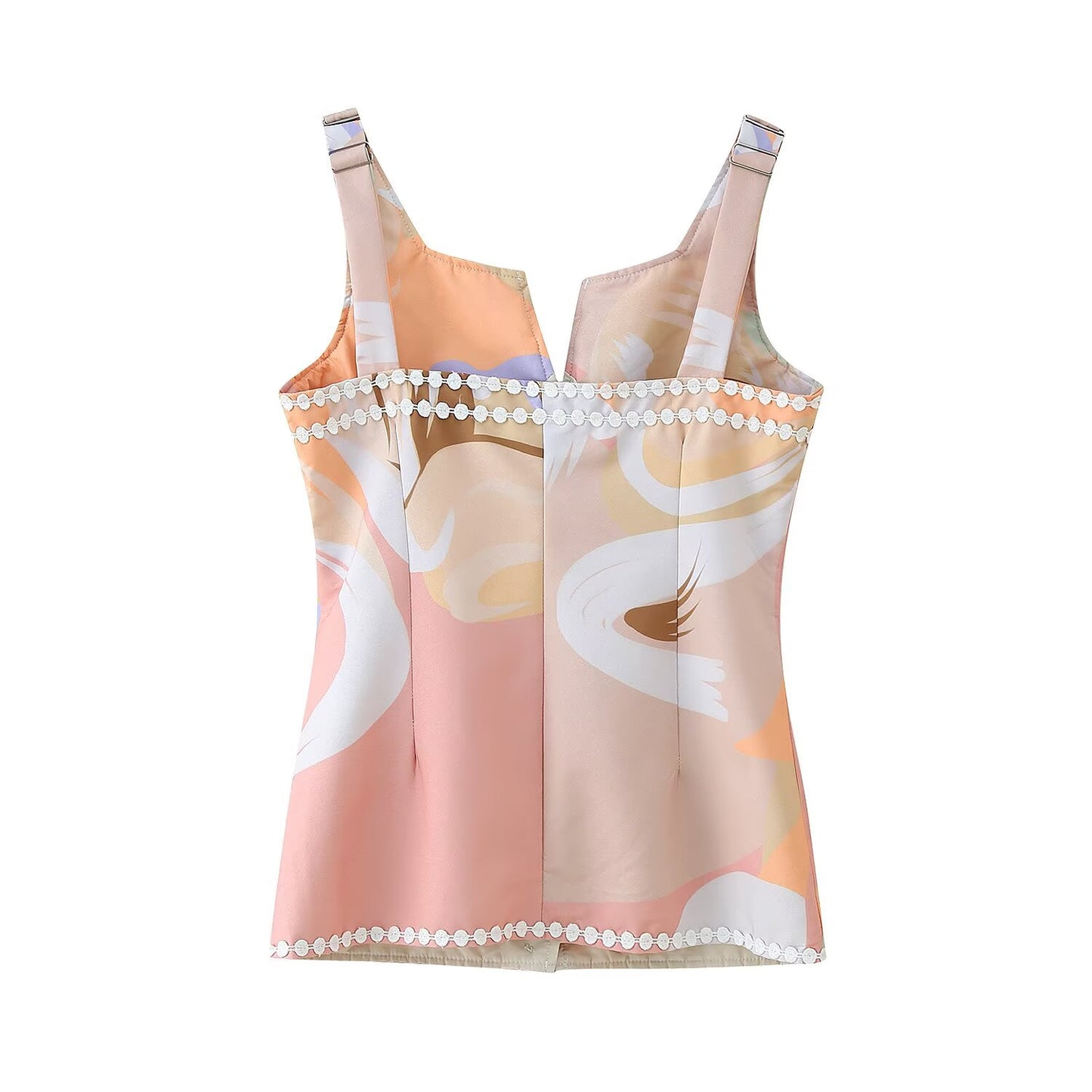 Women Clothing Autumn Lace Stitching Decorated Row Button Vest Top Printing Straight Leg Pants Set