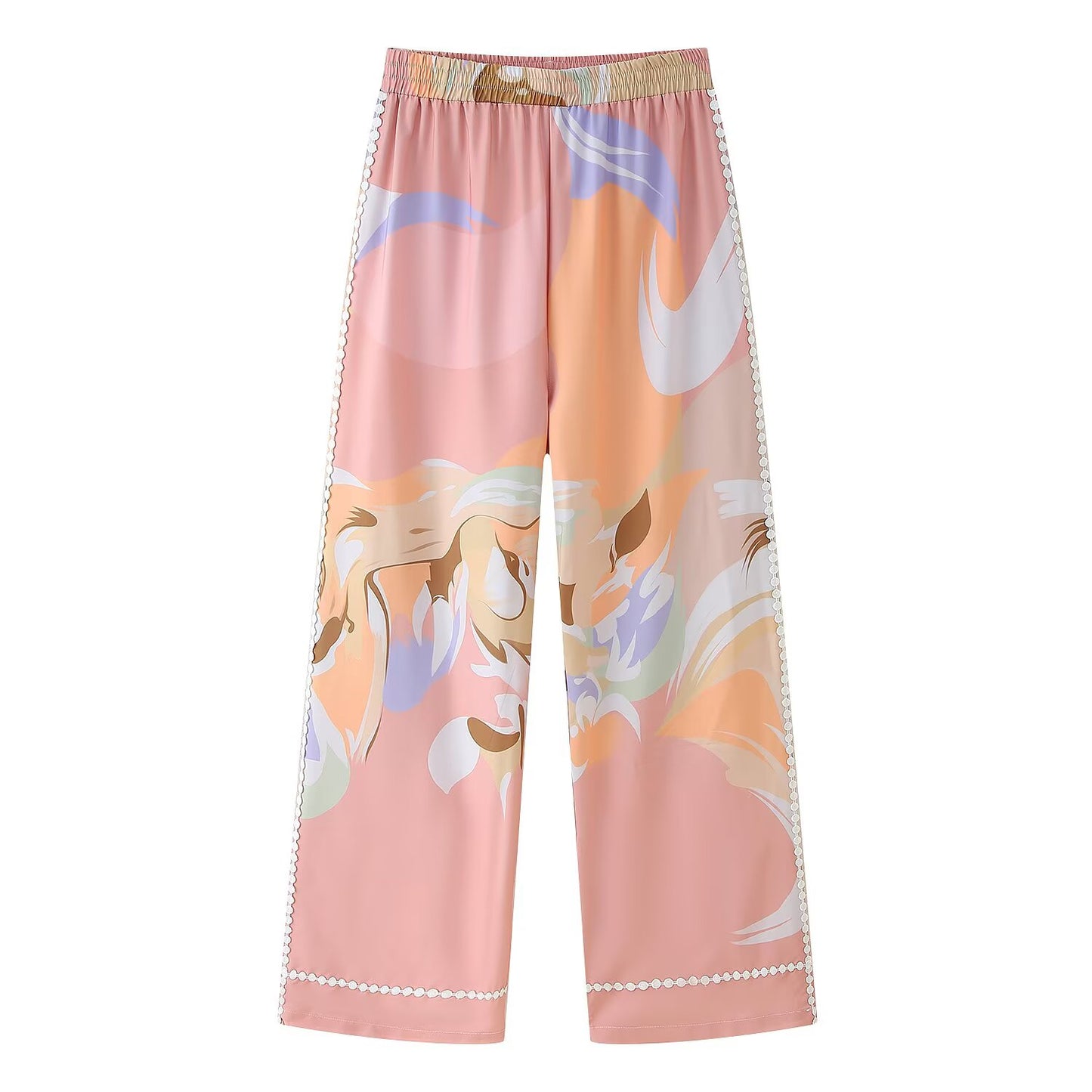 Women Clothing Autumn Lace Stitching Decorated Row Button Vest Top Printing Straight Leg Pants Set