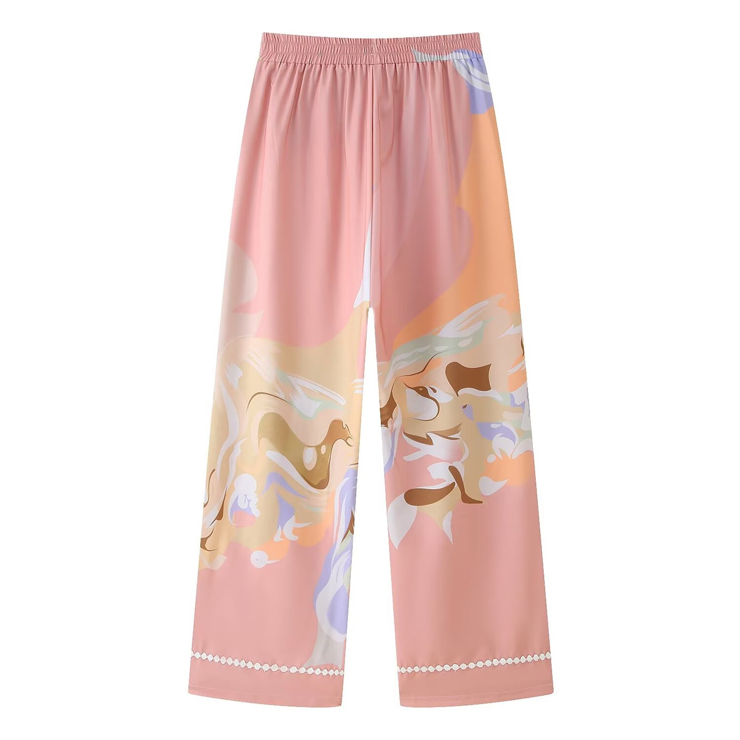 Women Clothing Autumn Lace Stitching Decorated Row Button Vest Top Printing Straight Leg Pants Set