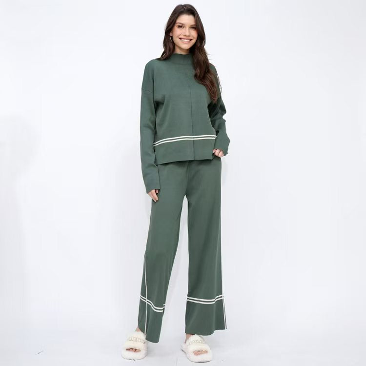 Women Winter Loose Knitted Long Sleeved Round Neck Sweater And Pants Two Piece Set