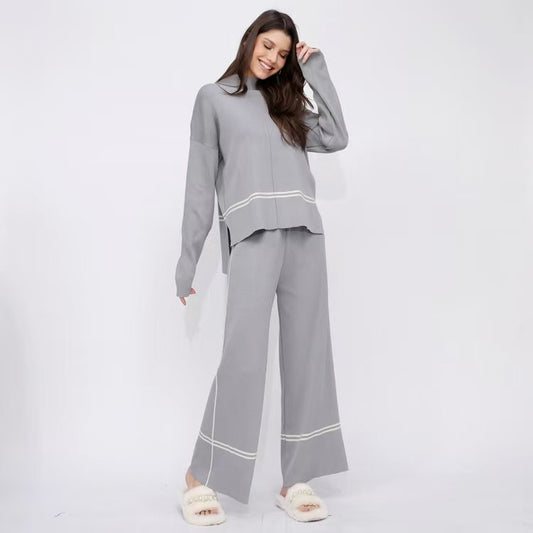 Women Winter Loose Knitted Long Sleeved Round Neck Sweater And Pants Two Piece Set