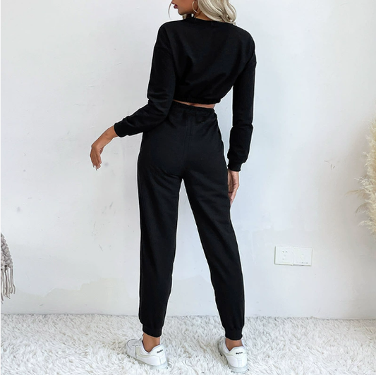 Platform Black Short Sweater Sports Casual Two Piece Sets