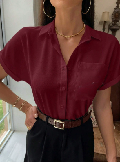 Satin V neck Shirt Women Women Solid Color Satin Short Sleeve Casual Button Satin Shirt