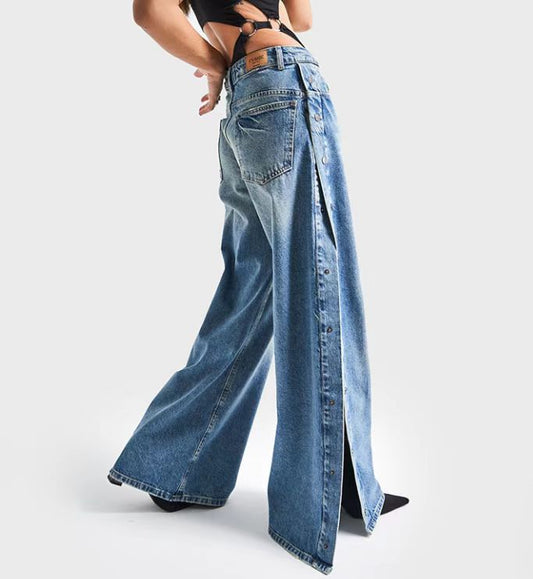 Women High Waist Loose Button Detail Straight Leg Pants Jeans