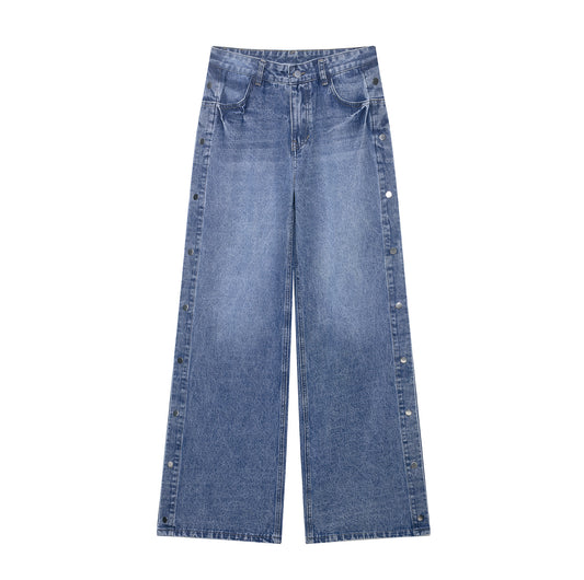 Women High Waist Loose Button Detail Straight Leg Pants Jeans