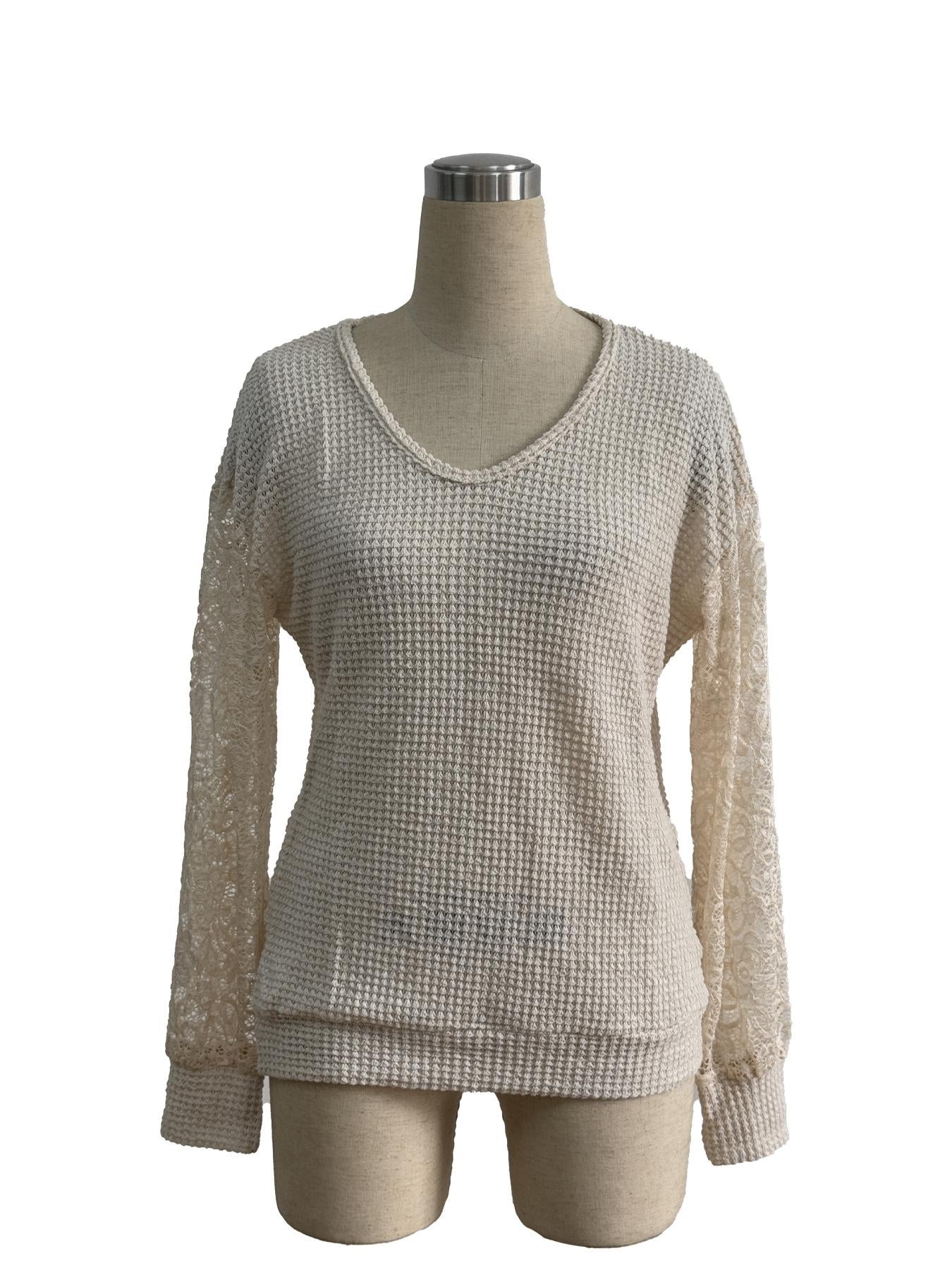Spring Elegant Women Solid Color V neck Lace Stitching Long Sleeved T shirt Top for Women
