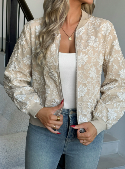 Autumn Winter Jacquard Weave Zip Jacket Loose Slimming Office Casual Top Coat