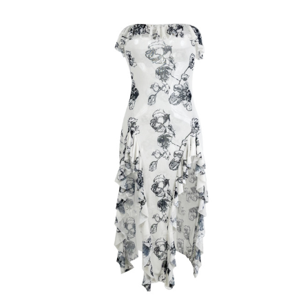 Ink Painting Floral Print Slit Slim Fit Cheongsam Sexy Elegant Graceful off the Shoulder Dress Slimming Sheath Dress