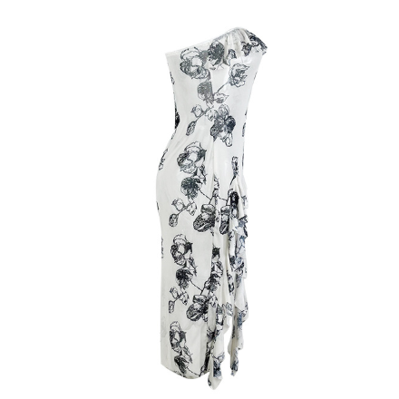 Ink Painting Floral Print Slit Slim Fit Cheongsam Sexy Elegant Graceful off the Shoulder Dress Slimming Sheath Dress