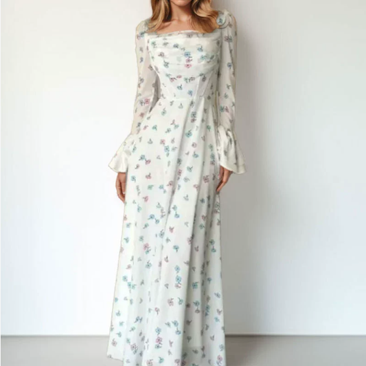 Summer Women Clothing Elegant Floral Pleated Fairy Fitted Waist Flare Sleeve Women Floating Dress