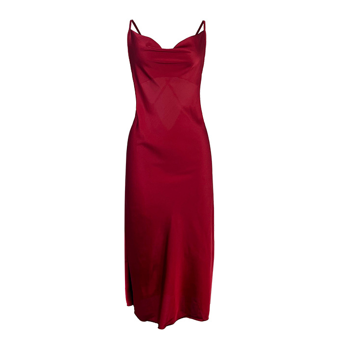 Simple Women Clothing Solid Color Satin Long Sexy Suspenders Swing Collar Nightdress Home Wear Pajamas