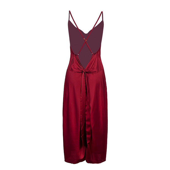 Simple Women Clothing Solid Color Satin Long Sexy Suspenders Swing Collar Nightdress Home Wear Pajamas
