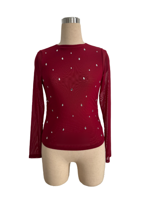 Autumn Winter Long Sleeve Double Layer Mesh Drilling Women Western Bottoming