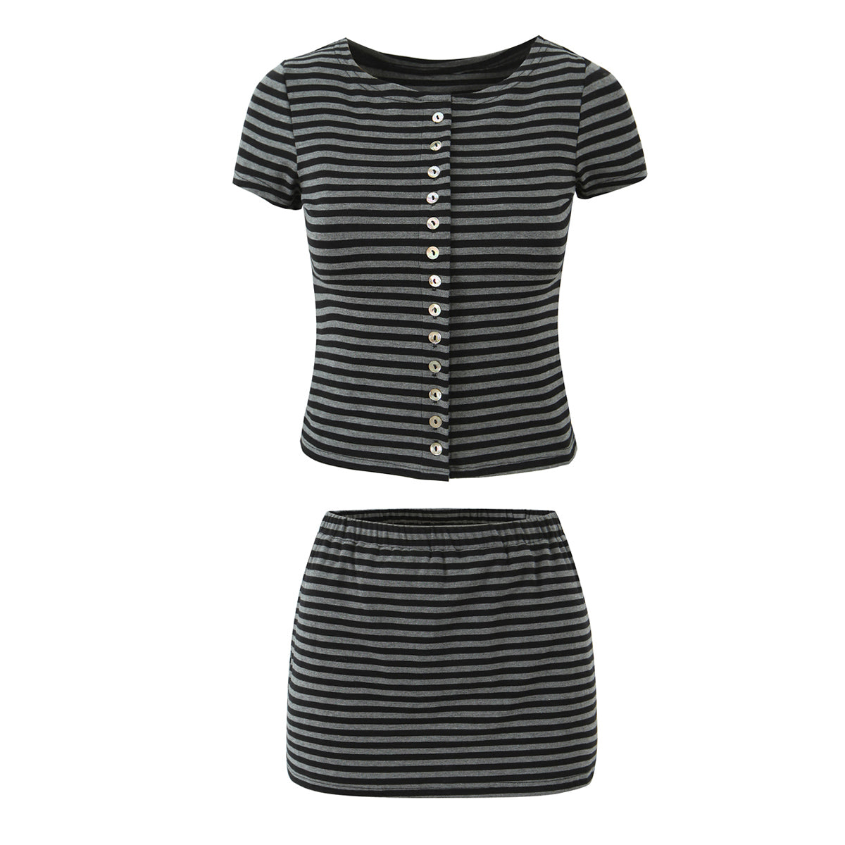 Women Slim Fit Short Sleeved Knitted Top Striped Knitted Overskirt