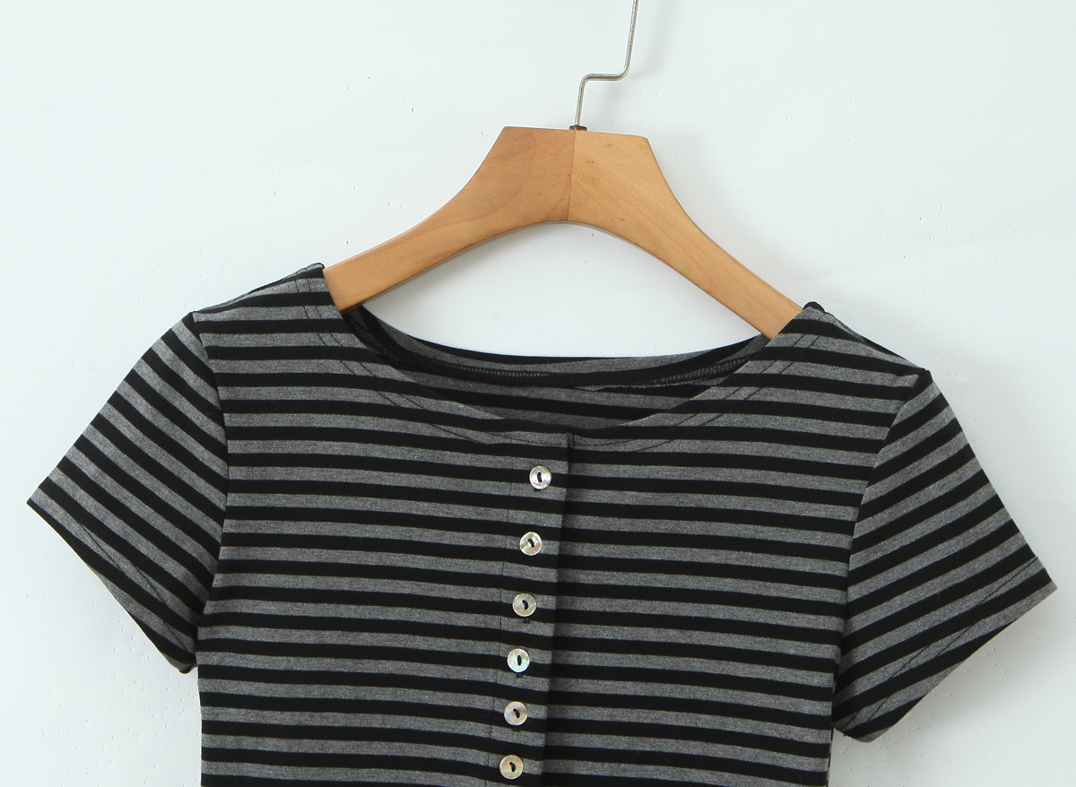 Women Slim Fit Short Sleeved Knitted Top Striped Knitted Overskirt