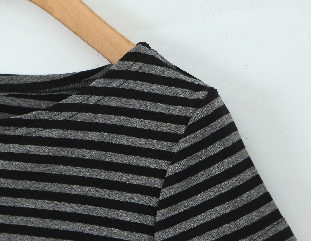 Women Slim Fit Short Sleeved Knitted Top Striped Knitted Overskirt