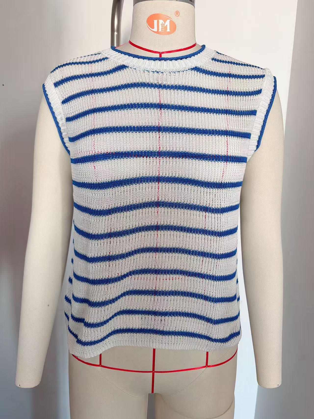 Women Clothing Summer round Neck Sleeveless Vest Knitted Striped Sweater Vest