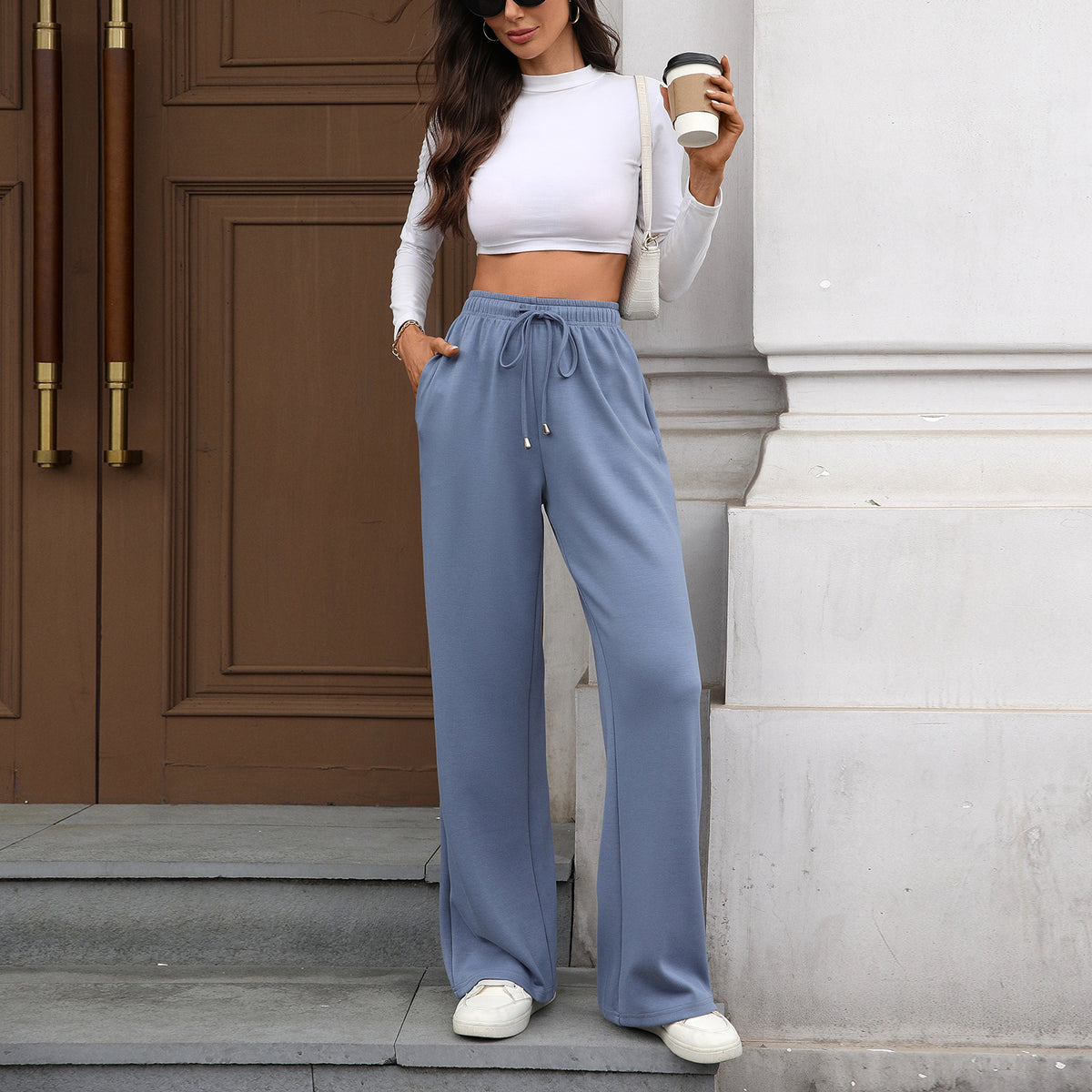Autumn Winter Solid Color Elastic Waist Pocket Loose Straight Trousers Ladies