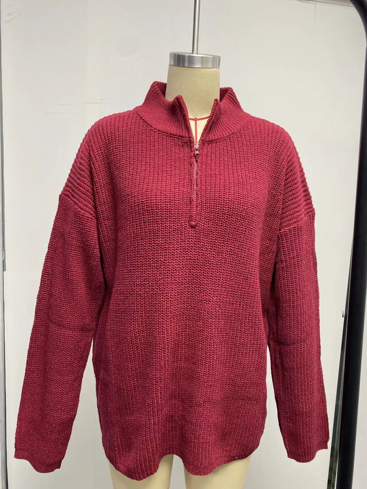 Half Open Collar Long Sleeved Top Women Autumn Winter Solid Color Loose High Collar Sunken Stripe Pullover Sweater
