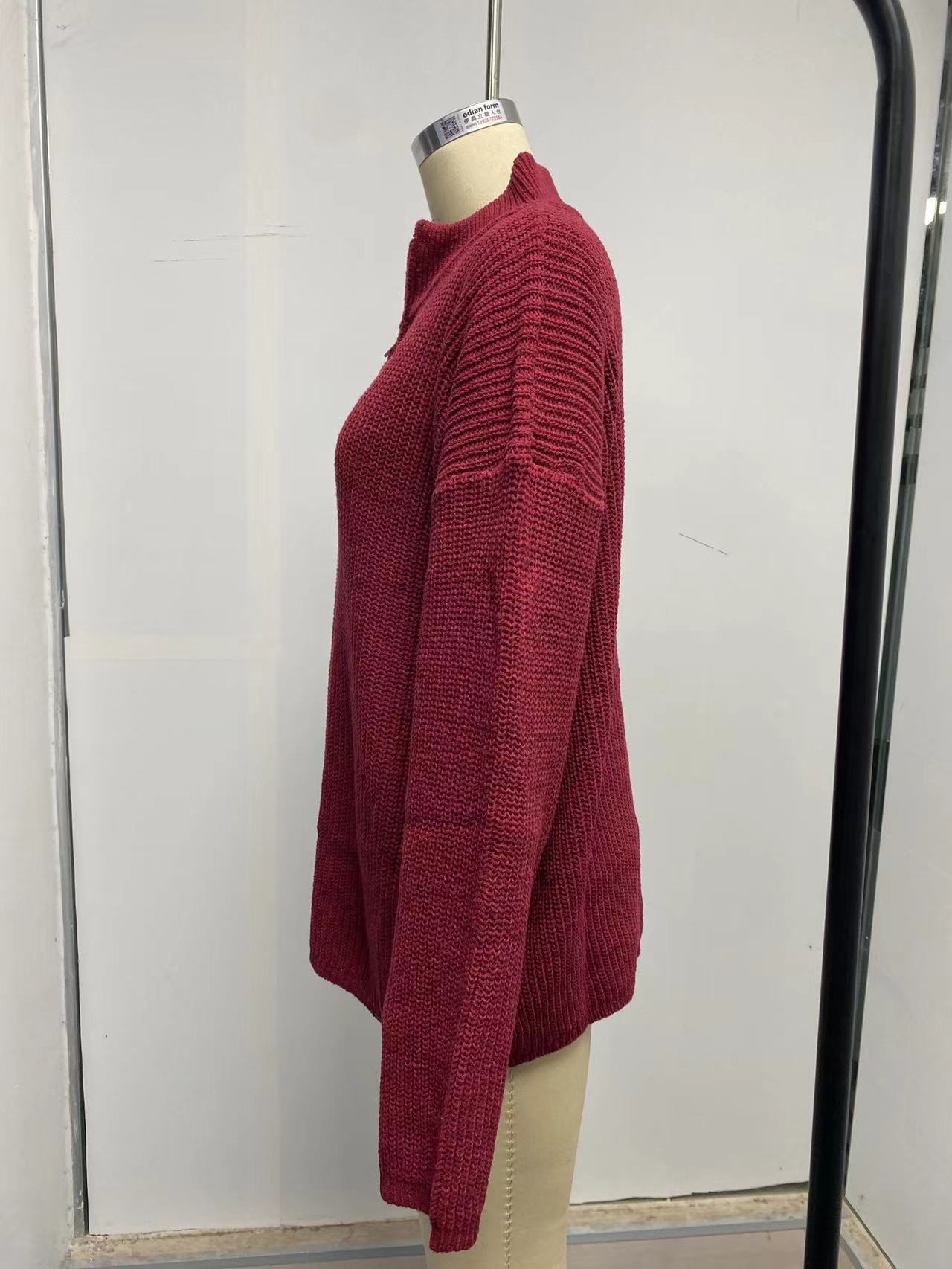 Half Open Collar Long Sleeved Top Women Autumn Winter Solid Color Loose High Collar Sunken Stripe Pullover Sweater