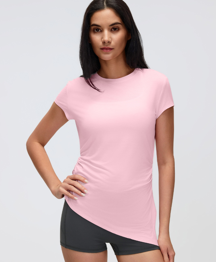 Summer round Neck Sports Short Sleeve Women Pleated Waist Tight Thin Yoga Wear Top Running Workout T shirt