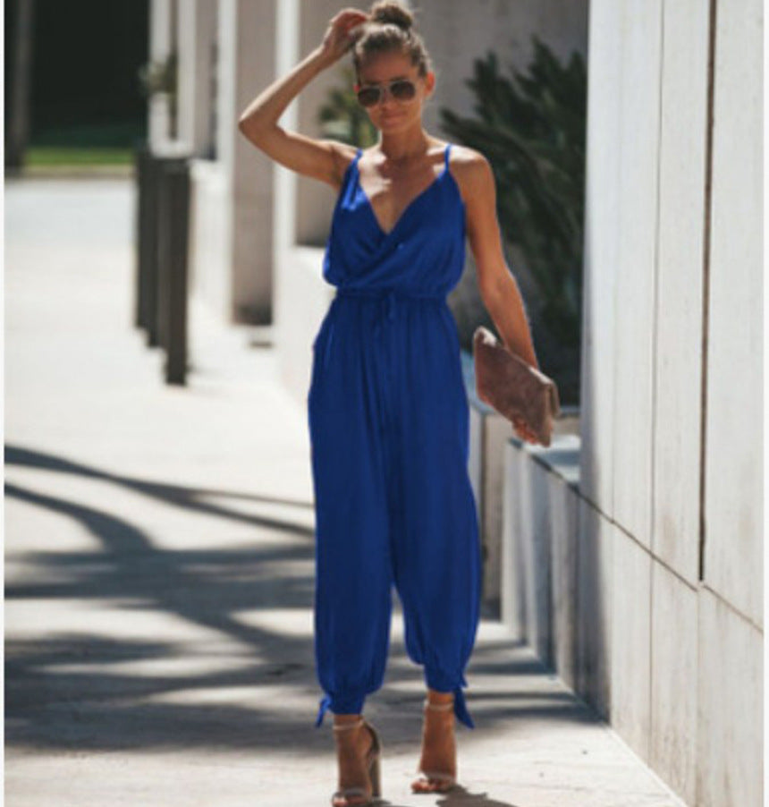 Women Summer Sexy Backless Print Tied Spaghetti-Strap Cotton One-Piece Slit Jumpsuit
