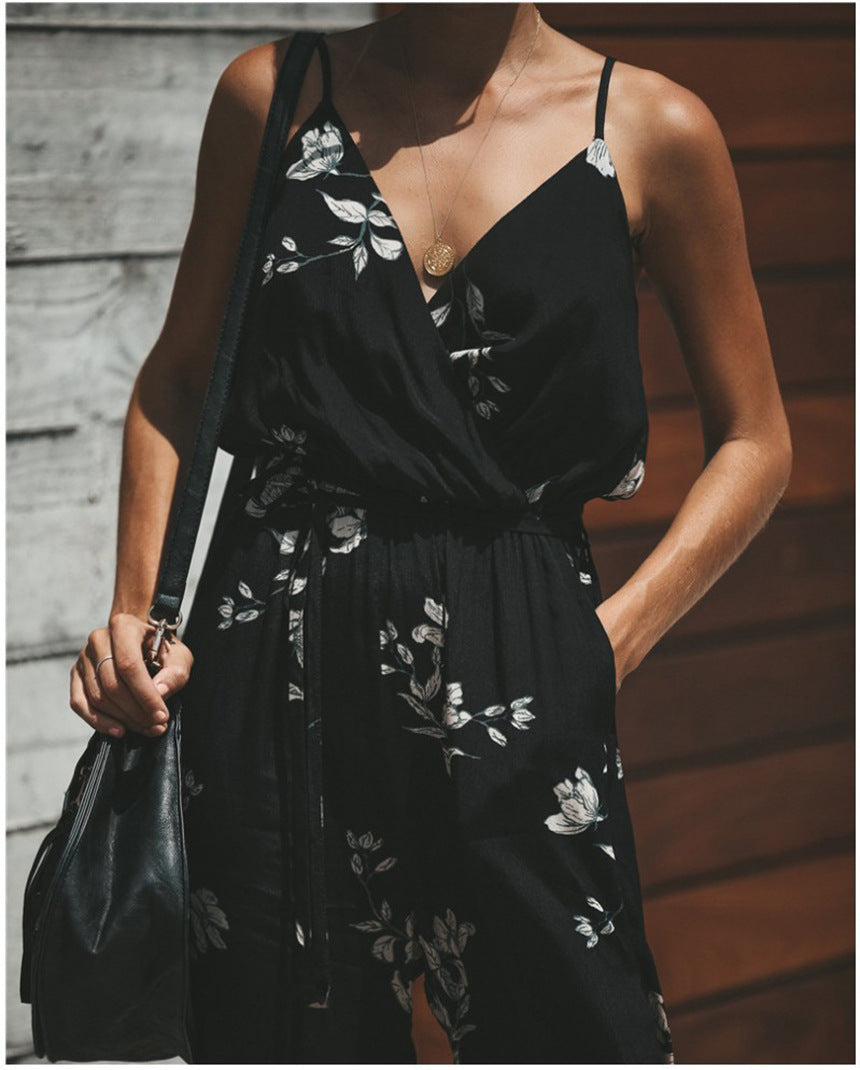 Women Summer Sexy Backless Print Tied Spaghetti-Strap Cotton One-Piece Slit Jumpsuit