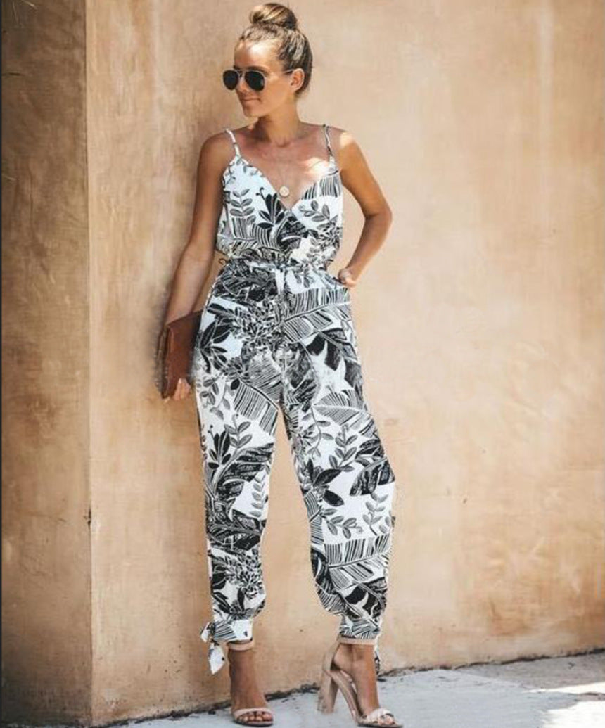 Women Summer Sexy Backless Print Tied Spaghetti-Strap Cotton One-Piece Slit Jumpsuit