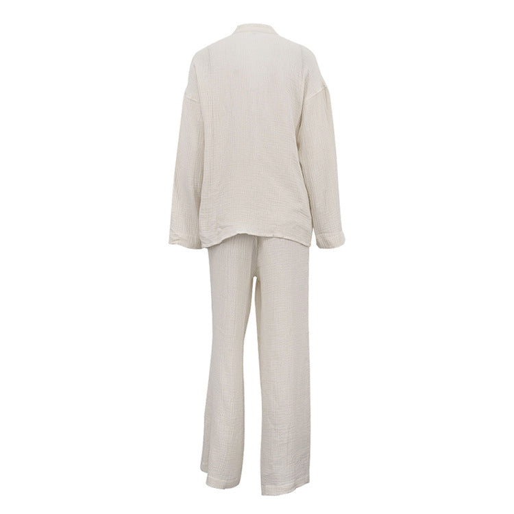 Women Clothing Cotton Champray Long Sleeve Lace up Cardigan Top Loose Trousers Casual Two Piece Set