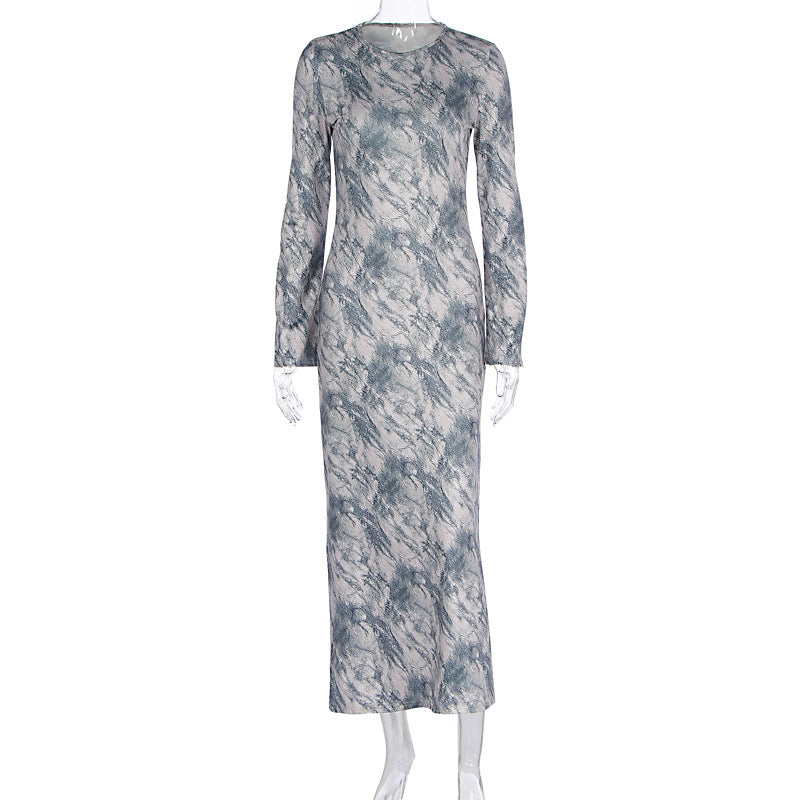 Women Clothing Summer Slim round Neck Printing Long Sleeve Maxi Dress