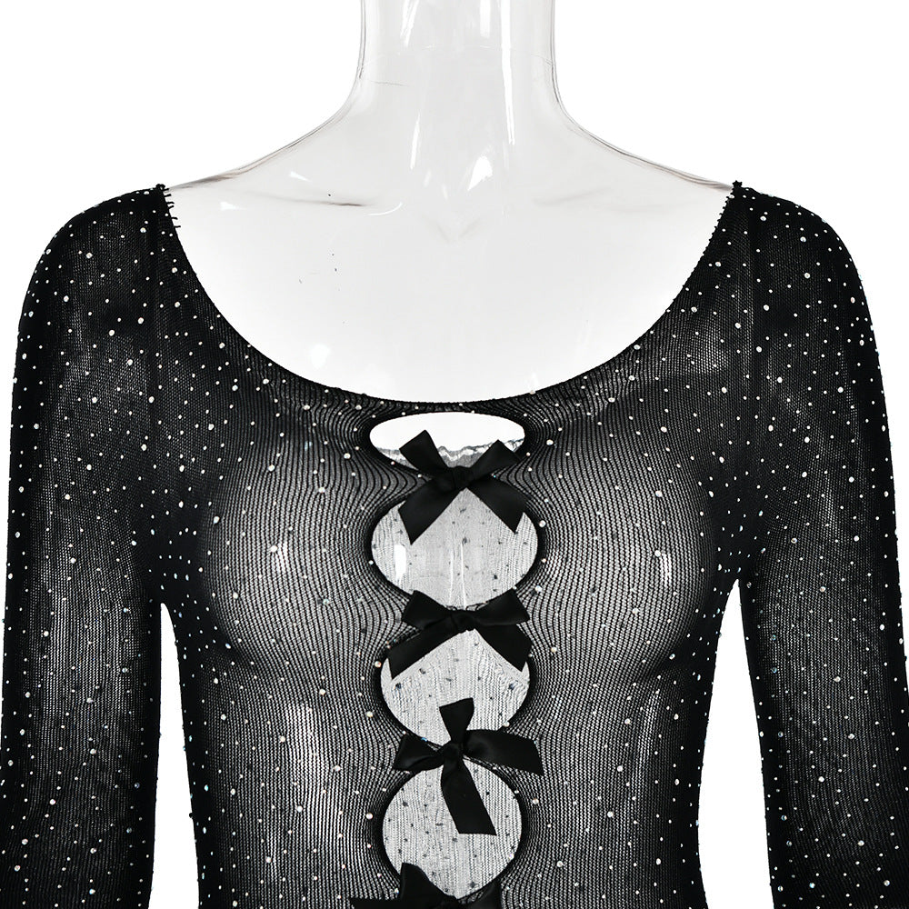 Autumn Sexy High Elastic Knitted See through Bow Hollow Out Cutout Rhinestone Jumpsuit