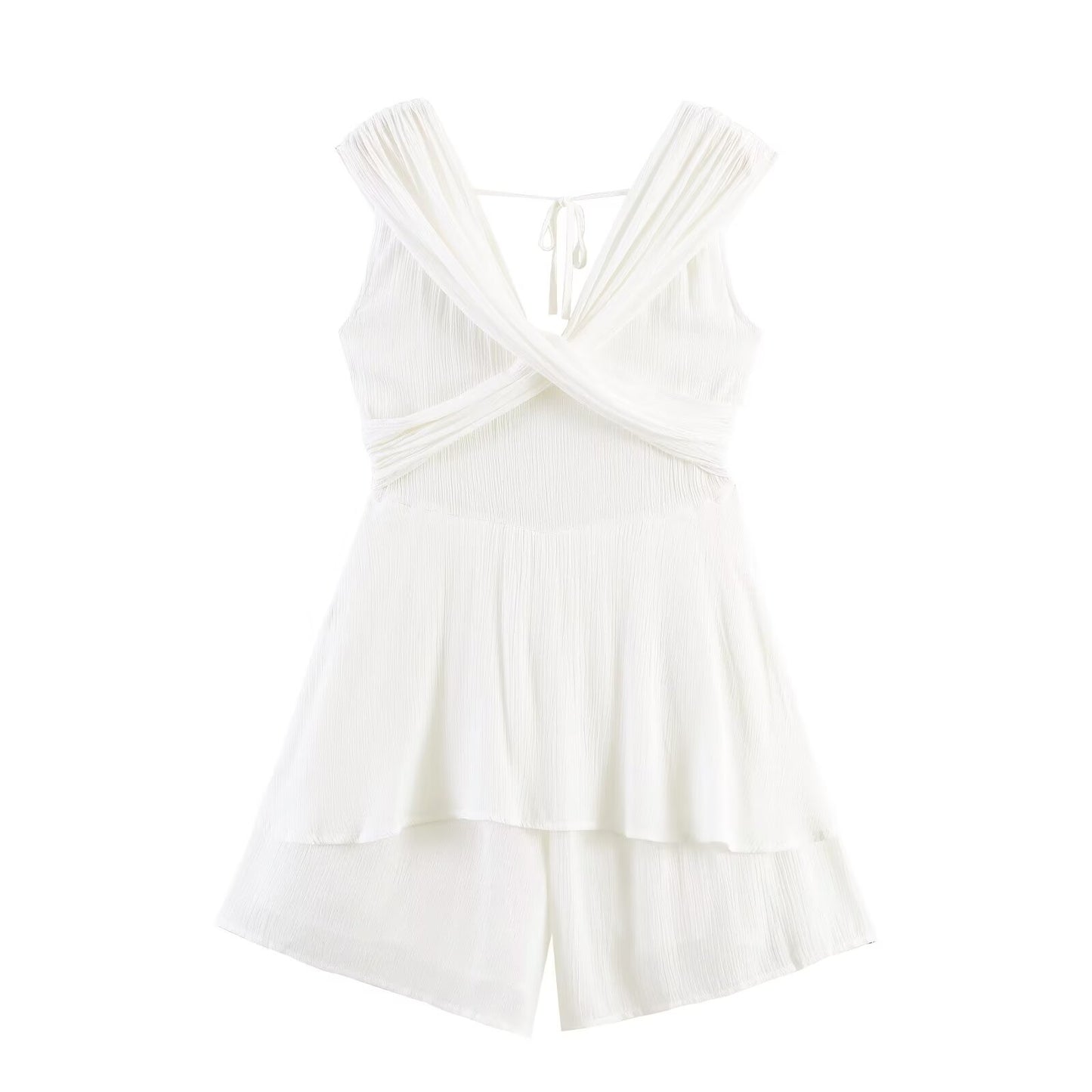 Women Clothing Spring Fashionable Simple Casual Cross Short White Jumpsuit