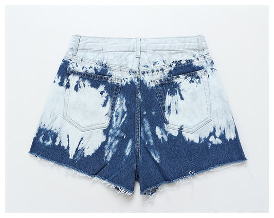 Positioning Tie Dye Pattern Denim Casual Shorts Straight Leg Pants Pants Women