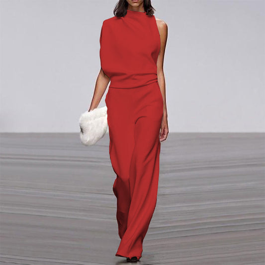 Women Pants Solid Color One Shoulder Pile Collar Jumpsuit Popular Dress Trousers