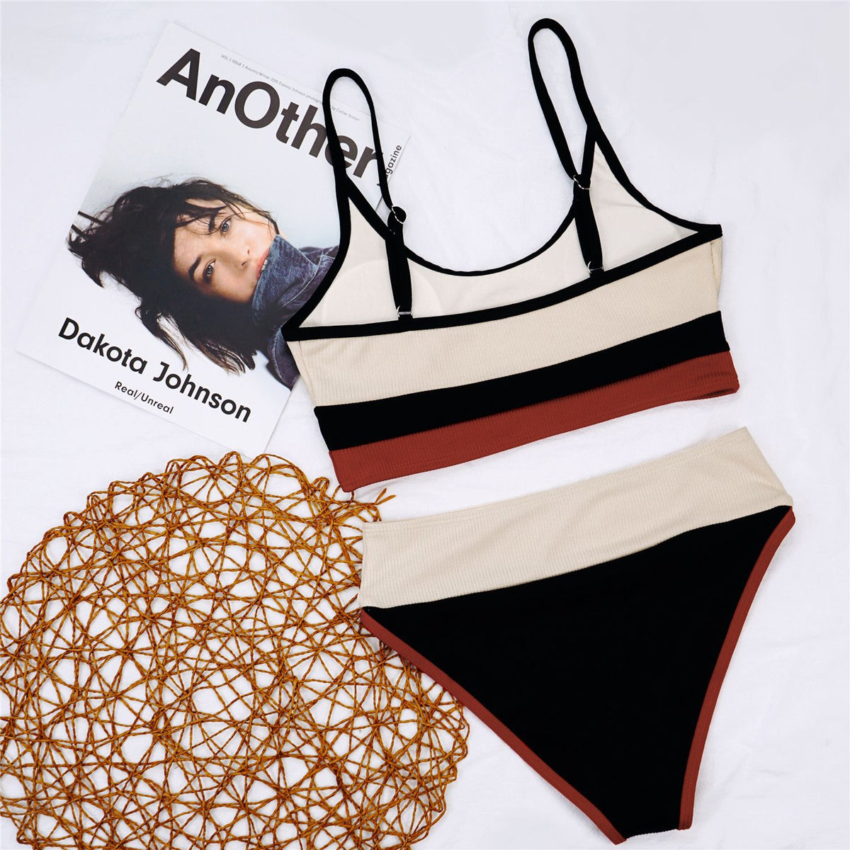 Women Split Swimsuit Rib Fabric Stitching Sexy High Waist Bikini