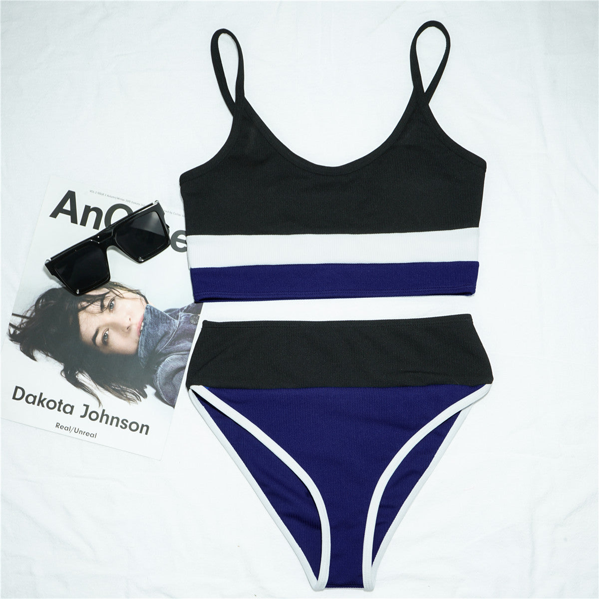 Women Split Swimsuit Rib Fabric Stitching Sexy High Waist Bikini