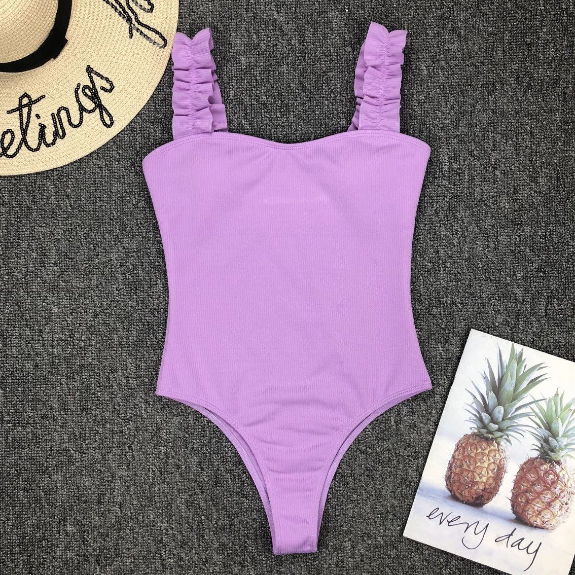 Women Bikini Solid Color Stringy Selvedge Shoulder Strap Sexy Swimsuit