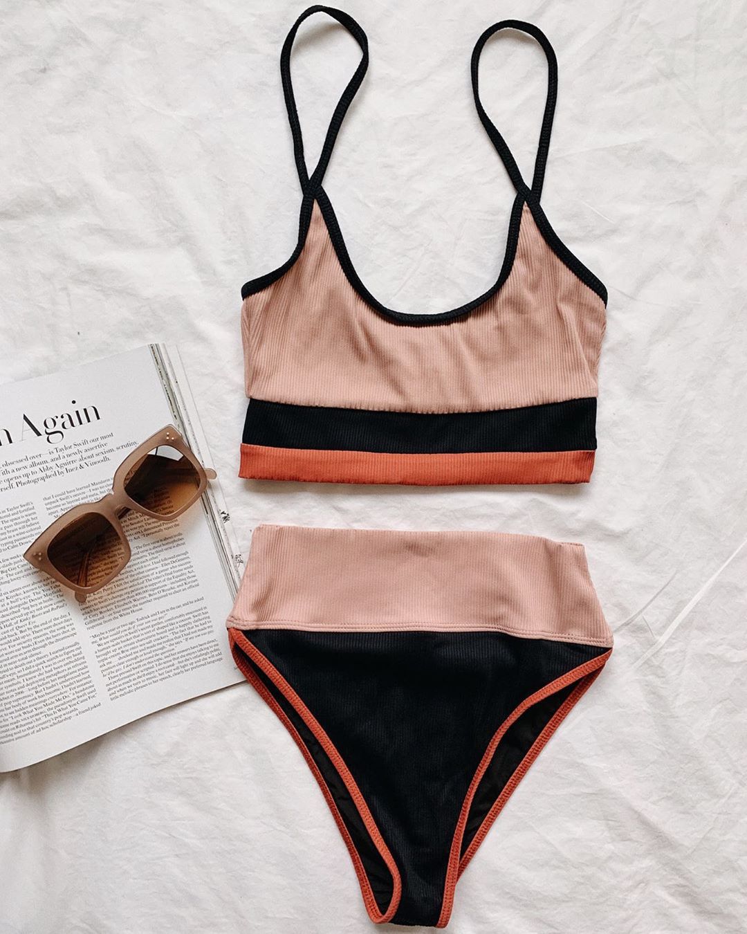 Women Split Swimsuit Rib Fabric Stitching Sexy High Waist Bikini