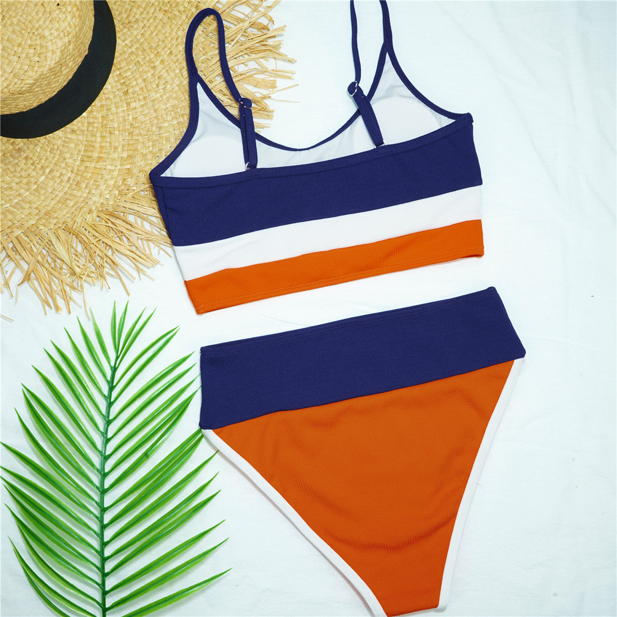 Women Split Swimsuit Rib Fabric Stitching Sexy High Waist Bikini