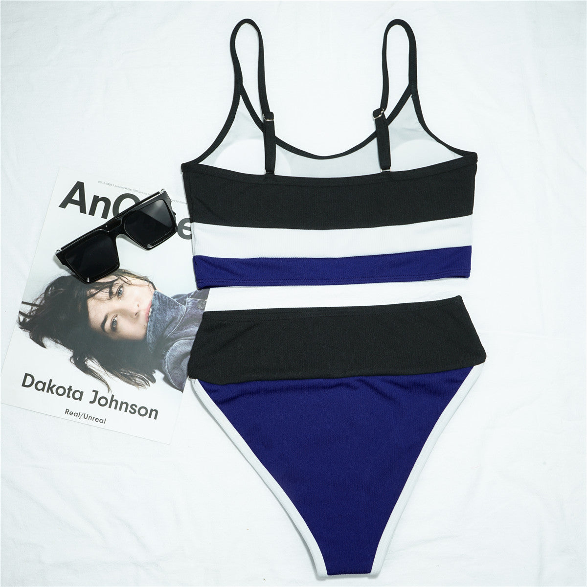 Women Split Swimsuit Rib Fabric Stitching Sexy High Waist Bikini
